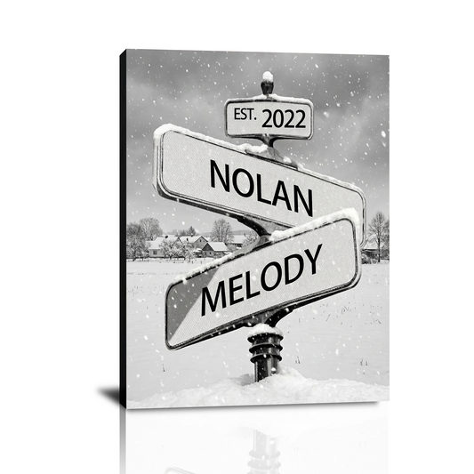 Custom Crossroad Street Sign Canvas Prints with Couple Names, Personalized Vintage Street Sign Gifts, Valentine’s Day, Christmas, Engagement, Anniversary Gift for Him Her Husband Wife Boyfriend Girlfriend