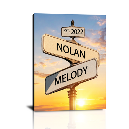 Panneau de rue personnalisé avec les noms du couple, impression sur toile vintage personnalisée, cadeau idéal pour la Saint-Valentin, Noël, les fiançailles, un mariage ou un anniversaire (pour lui, elle, mari, femme, petit ami, petite amie).