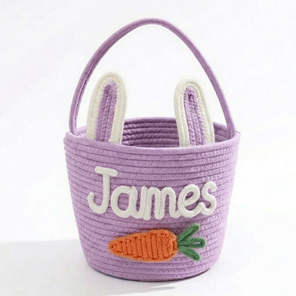 Custom Easter Knit Basket with Child’s Name, Baby First Easter Basket Gift, Knitted Easter Egg Hunt Basket Gifts