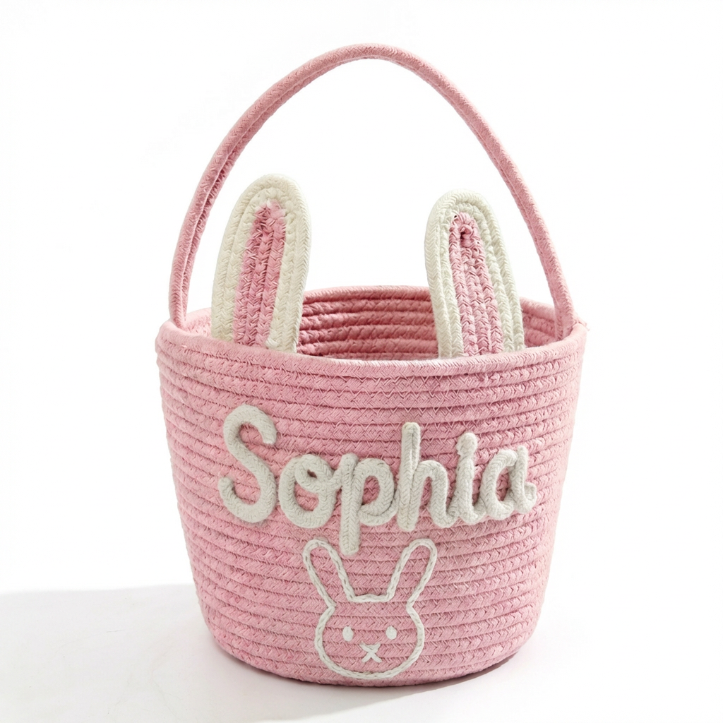 Custom Easter Knit Basket with Kid‘s Name, Personalized Easter Egg Hunt Basket, Easter Bunny Basket Gift, Baby First Easter Gift