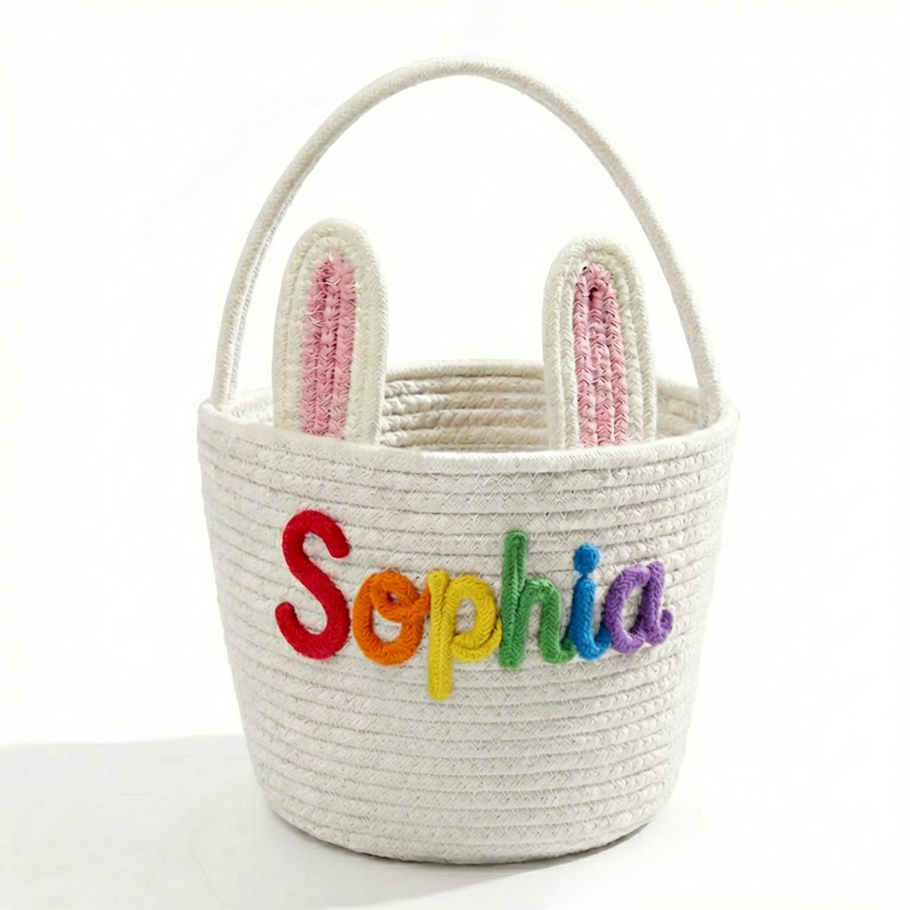 Personalized Easter Knit Basket with Child’s Name, Custom Easter Egg Hunt Basket, Knitted Easter Bunny Basket Gift, Baby First Easter Gift
