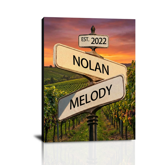 Custom Crossroad Street Sign Canvas Prints with Couple Names, Personalized Vintage Street Sign Gifts, Valentine’s Day, Christmas Gifts for Him Her Husband Wife Boyfriend Girlfriend