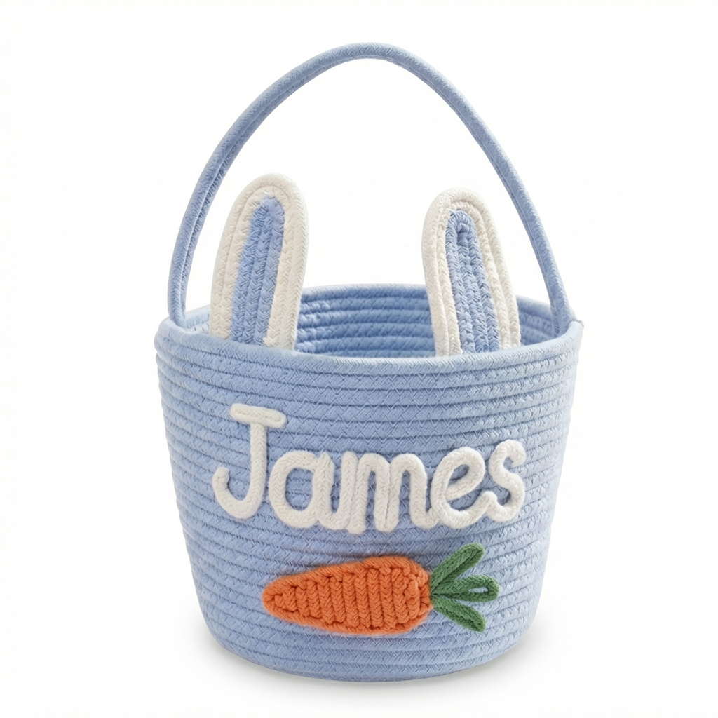 Custom Easter Knit Basket with Name, Personalized Easter Egg Hunt Basket, Easter Bunny Basket Gift, Baby Easter Gift, Kids Easter Basket