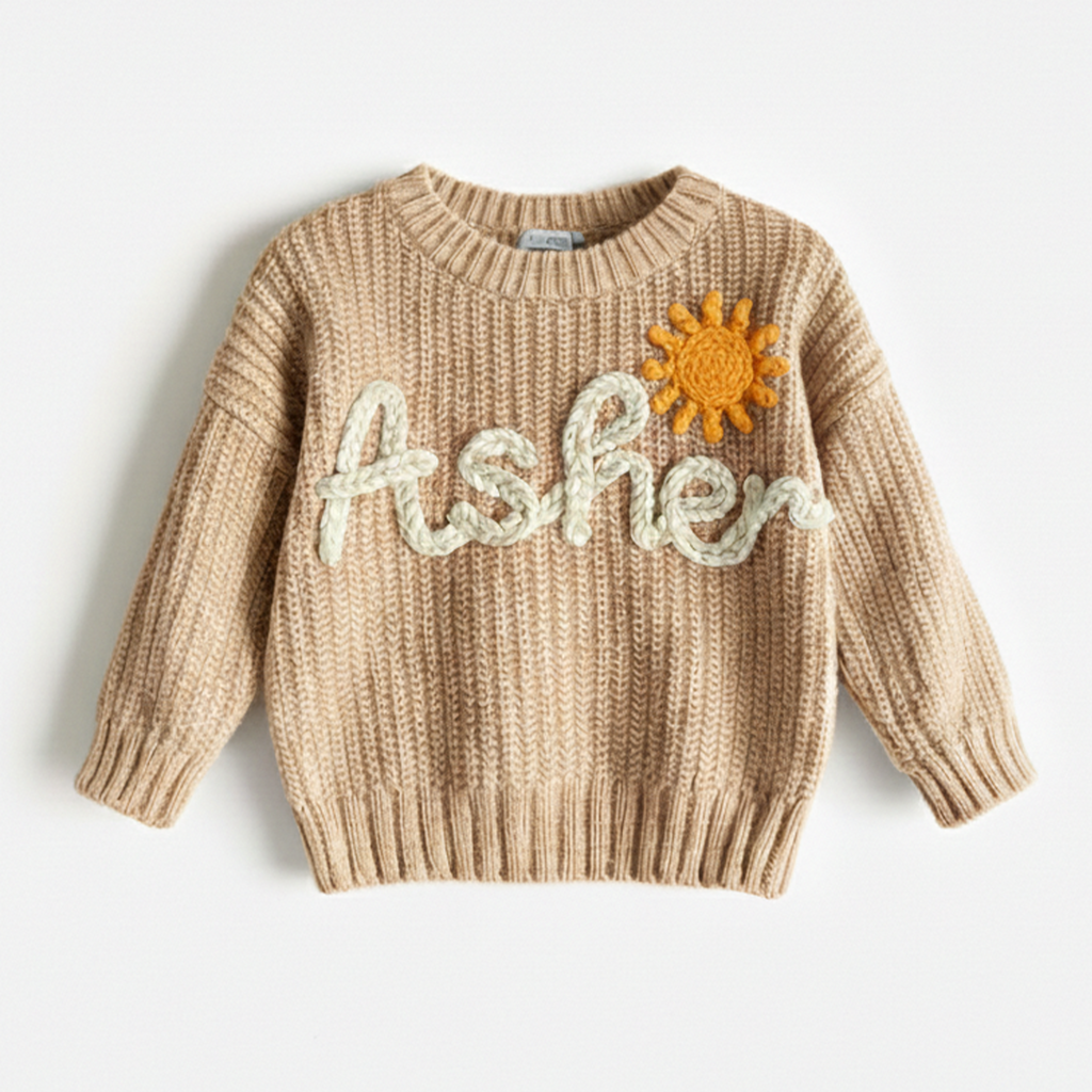 Custom Baby Name Sweater – Personalized Embroidered Name Sweater, Hand Knit Name Sweater, Perfect Newborn, Baby Shower, Christmas, Birthday Gifts