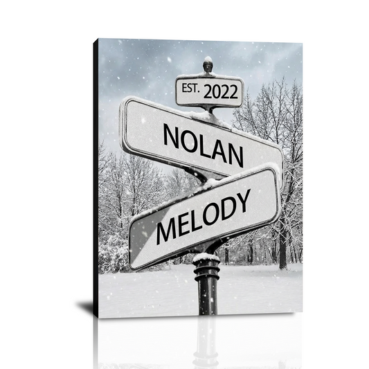 Personalized Crossroad Street Sign Canvas Prints with Couple Names, Custom Vintage Street Sign Gifts, Valentine’s Day, Christmas, Engagement, Wedding, Anniversary Gifts for Him Her Husband Wife Boyfriend Girlfriend