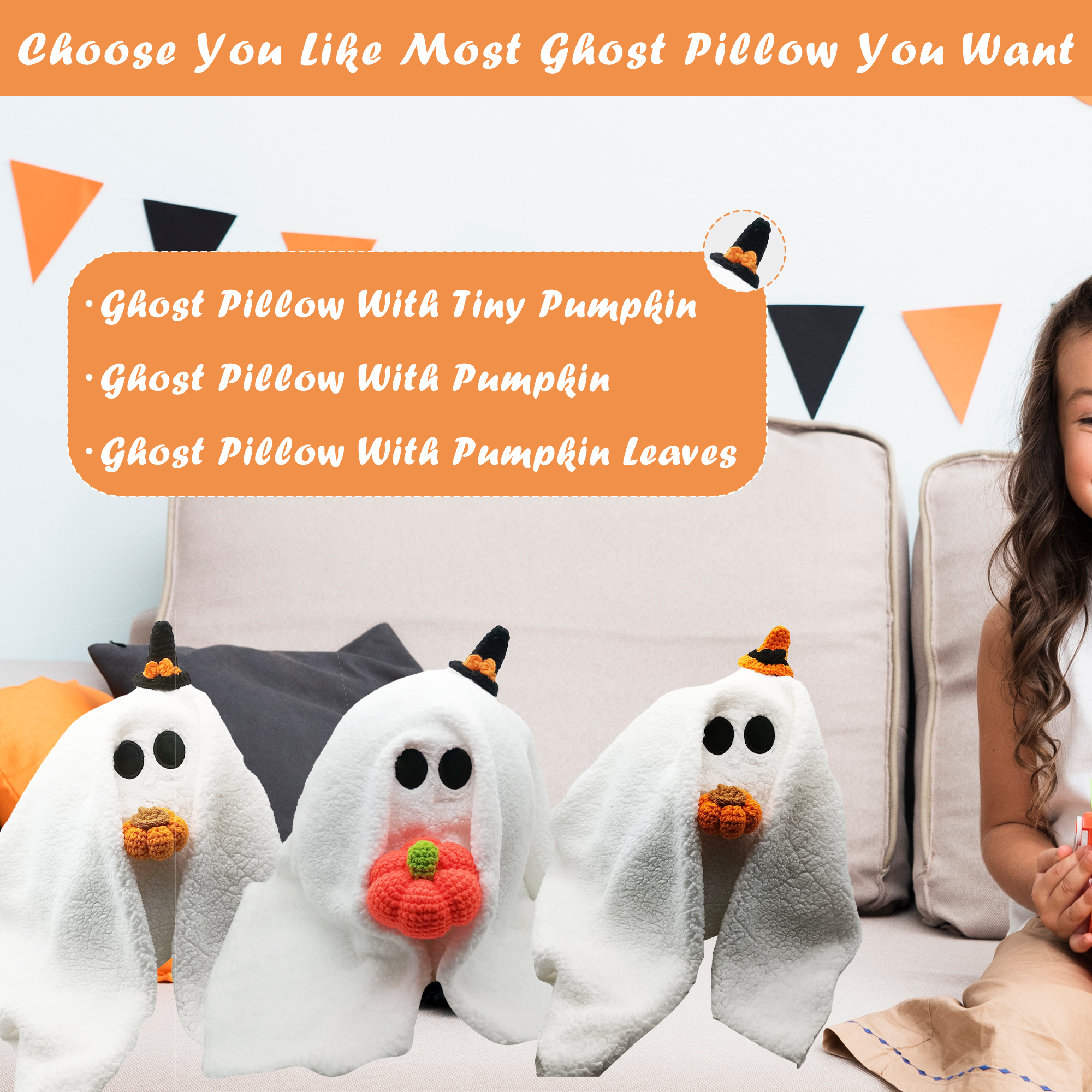 Gus The Ghost Personalized Pumpkin Pillow, Custom Knit Plush Ghost Pillow, Halloween Decorations