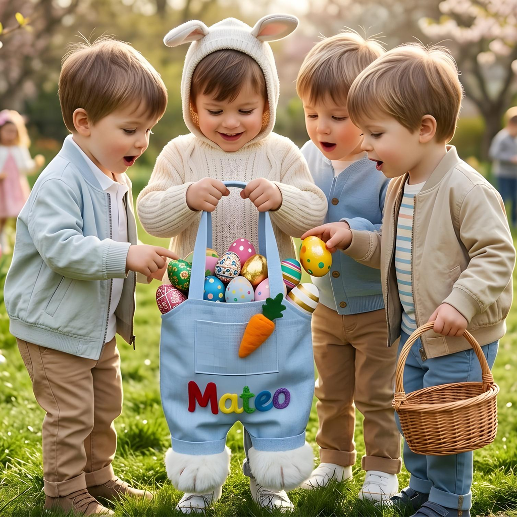 Custom Easter Knit Basket with Kid‘s Name, Personalized Easter Egg Hunt Basket, Easter Bunny Basket Gift, Baby First Easter Gift