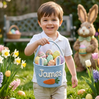Custom Easter Knit Basket with Kid‘s Name, Personalized Easter Egg Hunt Basket, Easter Bunny Basket Gift, Baby First Easter Gift