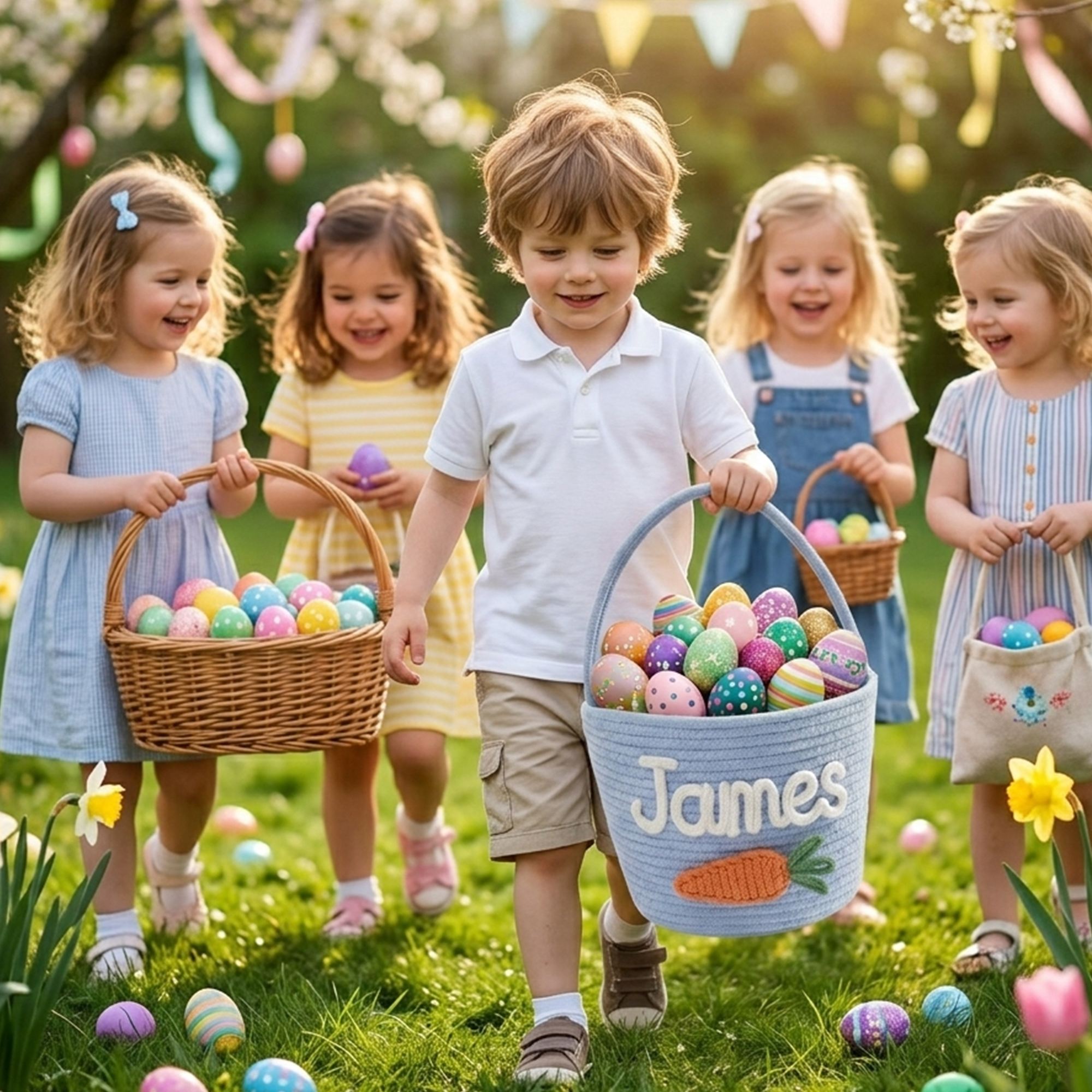 Custom Easter Knit Basket with Kid‘s Name, Personalized Easter Egg Hunt Basket, Easter Bunny Basket Gift, Baby First Easter Gift