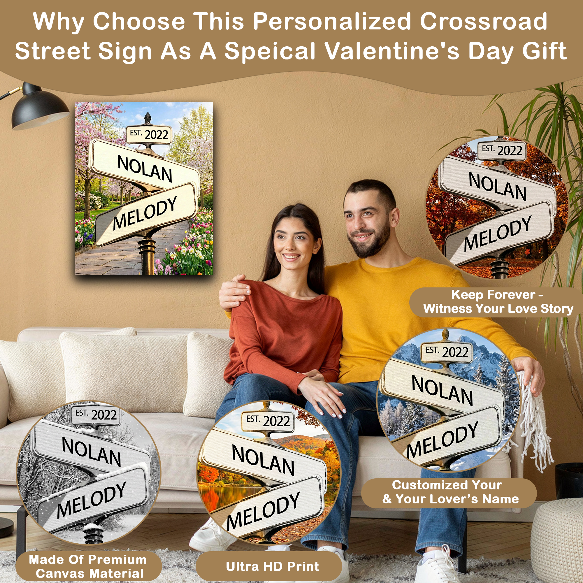 Personalized Crossroad Street Sign Canvas Print, Custom Vintage Street Sign Gifts, Valentine’s Day, Christmas, Anniversary Gift