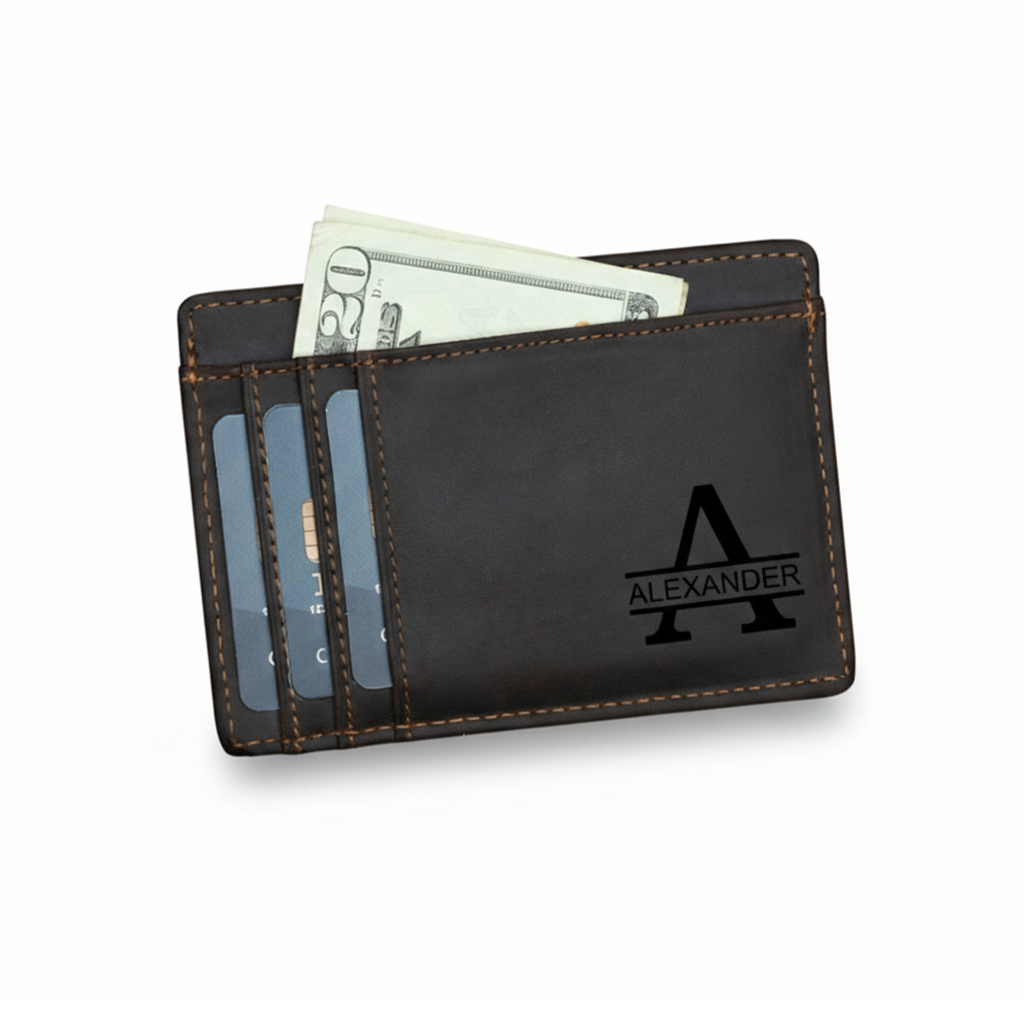 Personalized Men's Card Holder Wallet, Custom Name & Initial Engraved Slim Card Case, Minimalist Leather Card Wallet, Gift for Him, Father, Husband