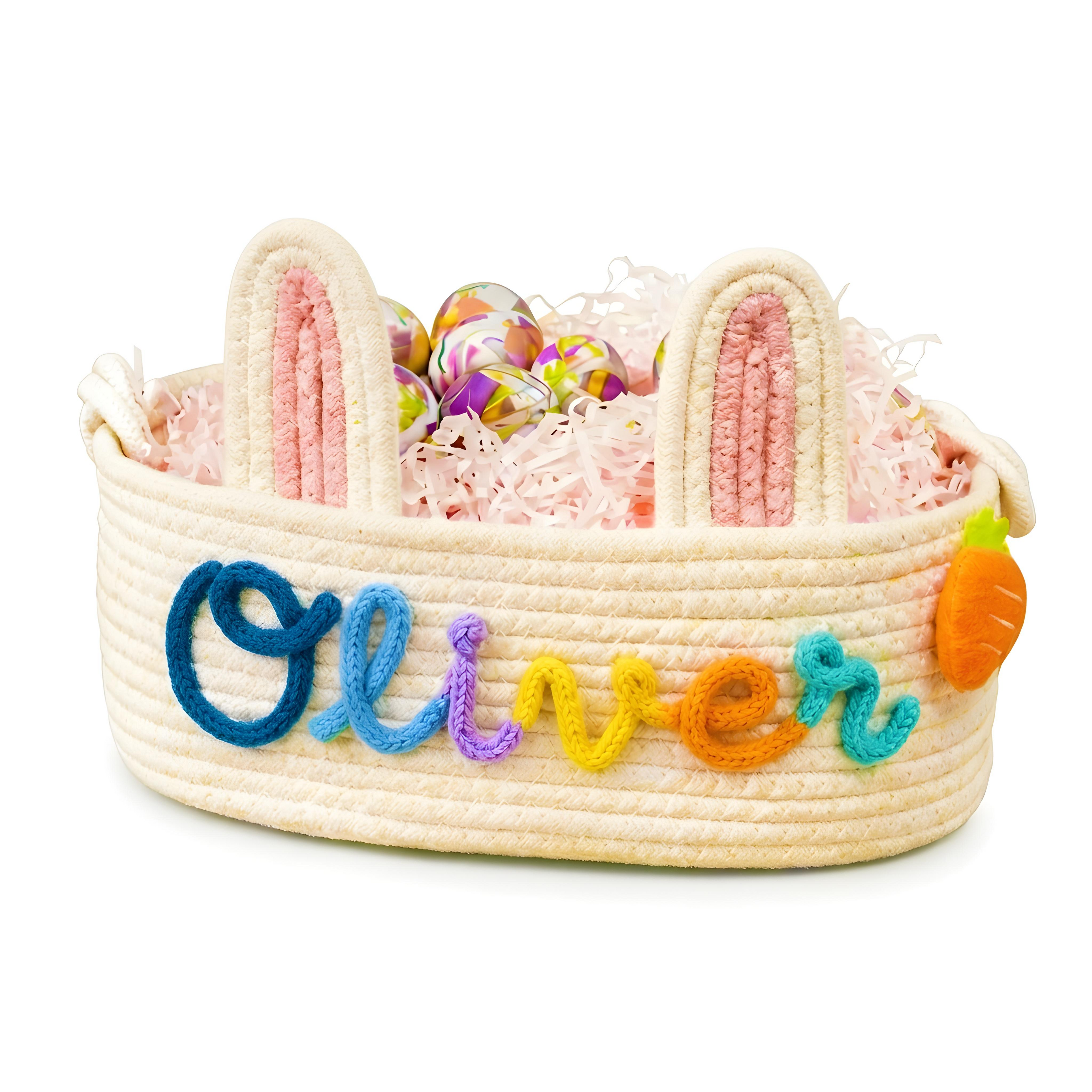 Custom Name Easter Knit Basket, Personalized Easter Egg Hunt Basket, Knitted Easter Basket Gift, Baby Name Easter Basket, Easter Basket Gifts