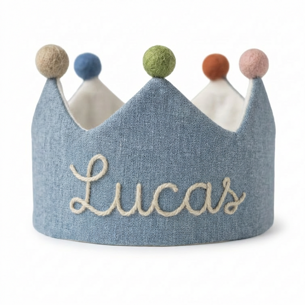 Custom Hand Embroidered Linen Birthday Crown, Personalized Baby Name Crown, First Birthday Crown for Boys Girls, Handmade Birthday Hat, Baby Shower Gifts