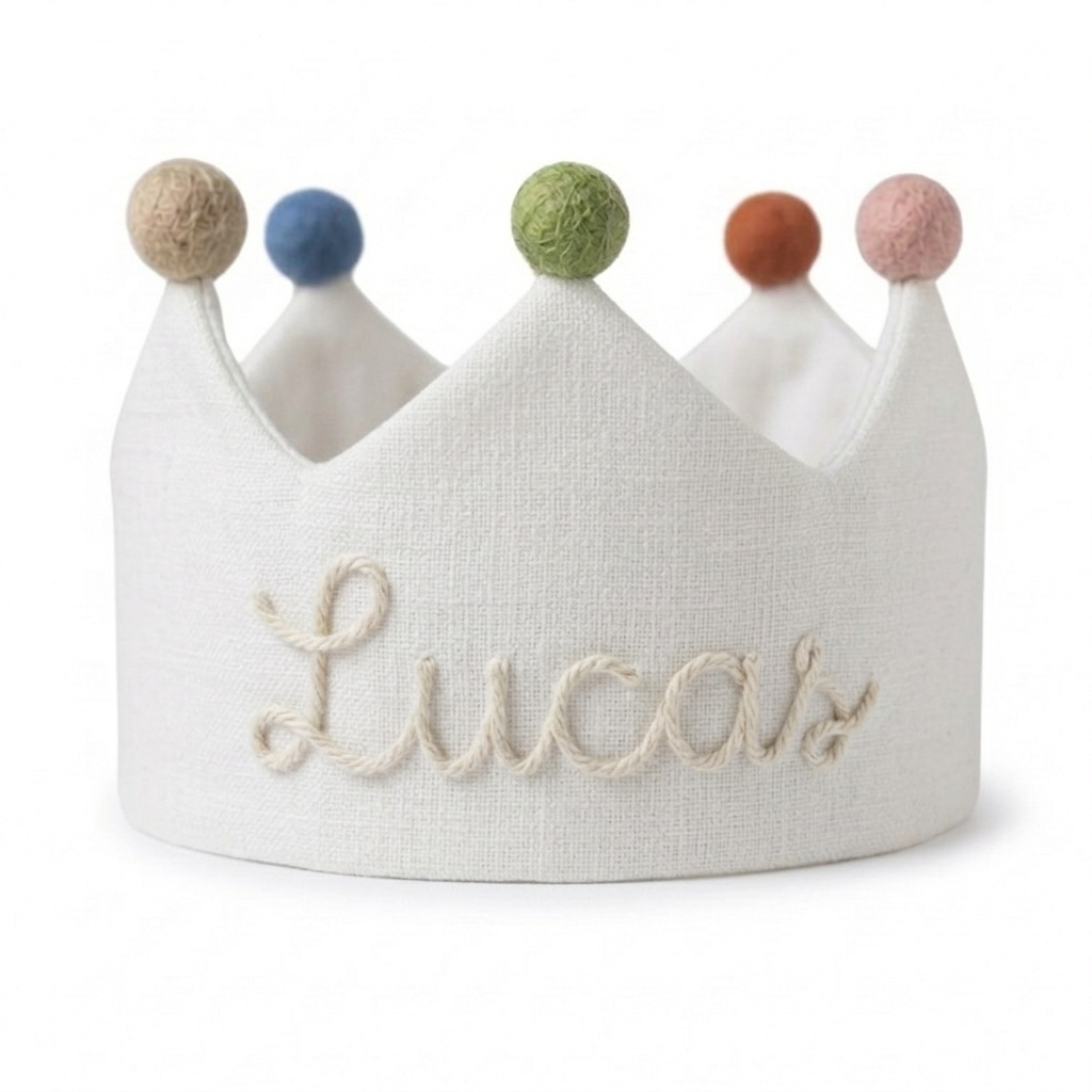 Custom Linen Birthday Crown with Name, Handmade Embroidered Birthday Hat, First Birthday Crown for Boy Girl, Personalized Toddler Birthday Name Hat, Unique Baby Birthday Gifts