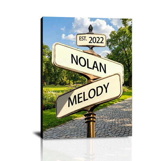 Personalized Crossroad Street Sign Canvas Prints with Couple Names, Custom Vintage Street Sign Gifts, Perfect Valentine’s Day, Christmas, Engagement, Wedding, Anniversary Gifts for Him Her Husband Wife Boyfriend Girlfriend