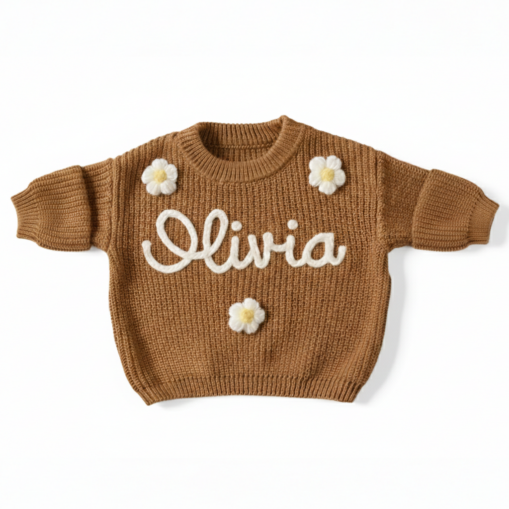 Custom Baby Name Sweater, Embroidered Name Sweater, Hand Knit Name Sweater, Handcrafted Baby Sweater, Newborn, Baby Shower, Christmas, Birthday Gifts
