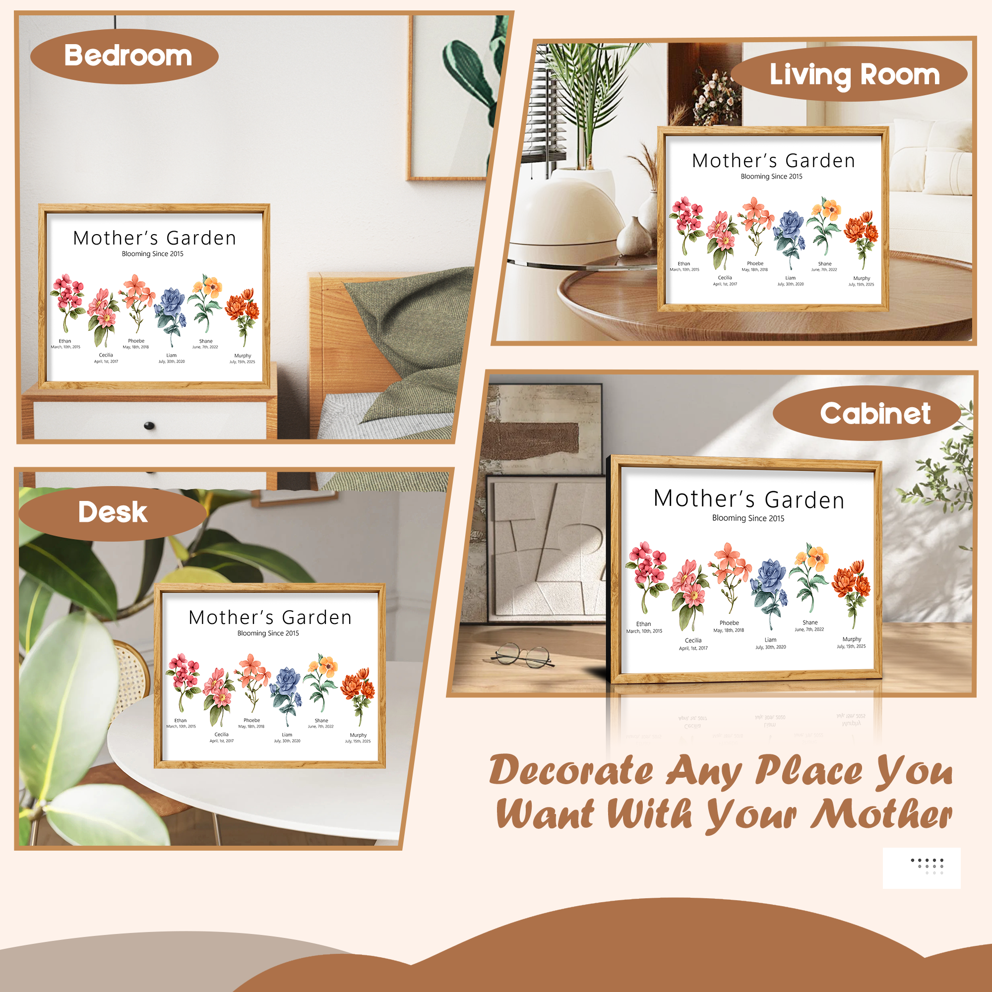 Custom Mother’s Garden Canvas Prints, Personalized Birth Month Flowers Wall Art, Mother’s Day, Christmas, Birthday Gifts