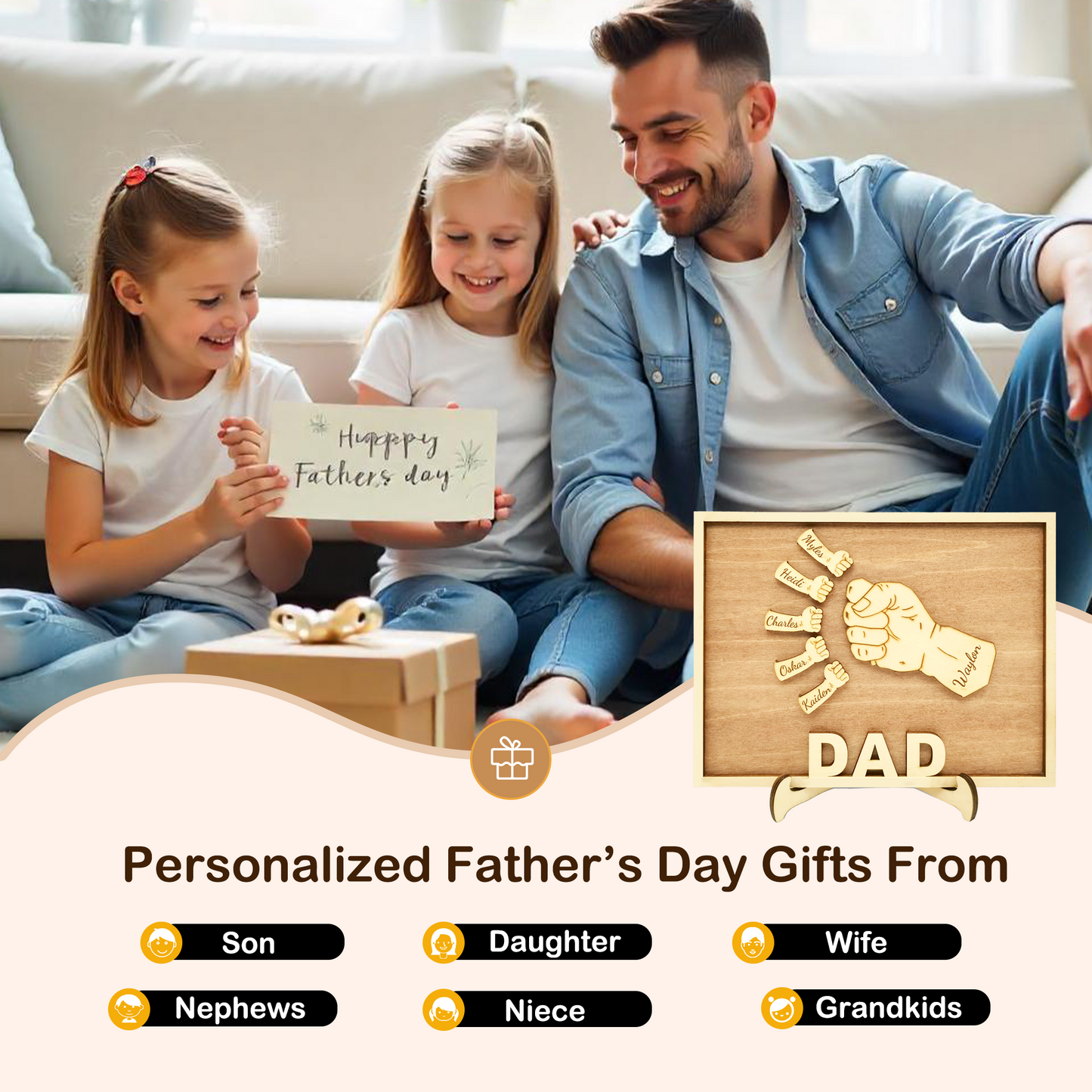 Plaques en bois personnalisées avec les noms de vos enfants, cadeaux de Noël ou d'anniversaire pour papa, grand-père, offerts par un fils, une fille, des petits-enfants ou une épouse - Cadeaux de Noël personnalisés