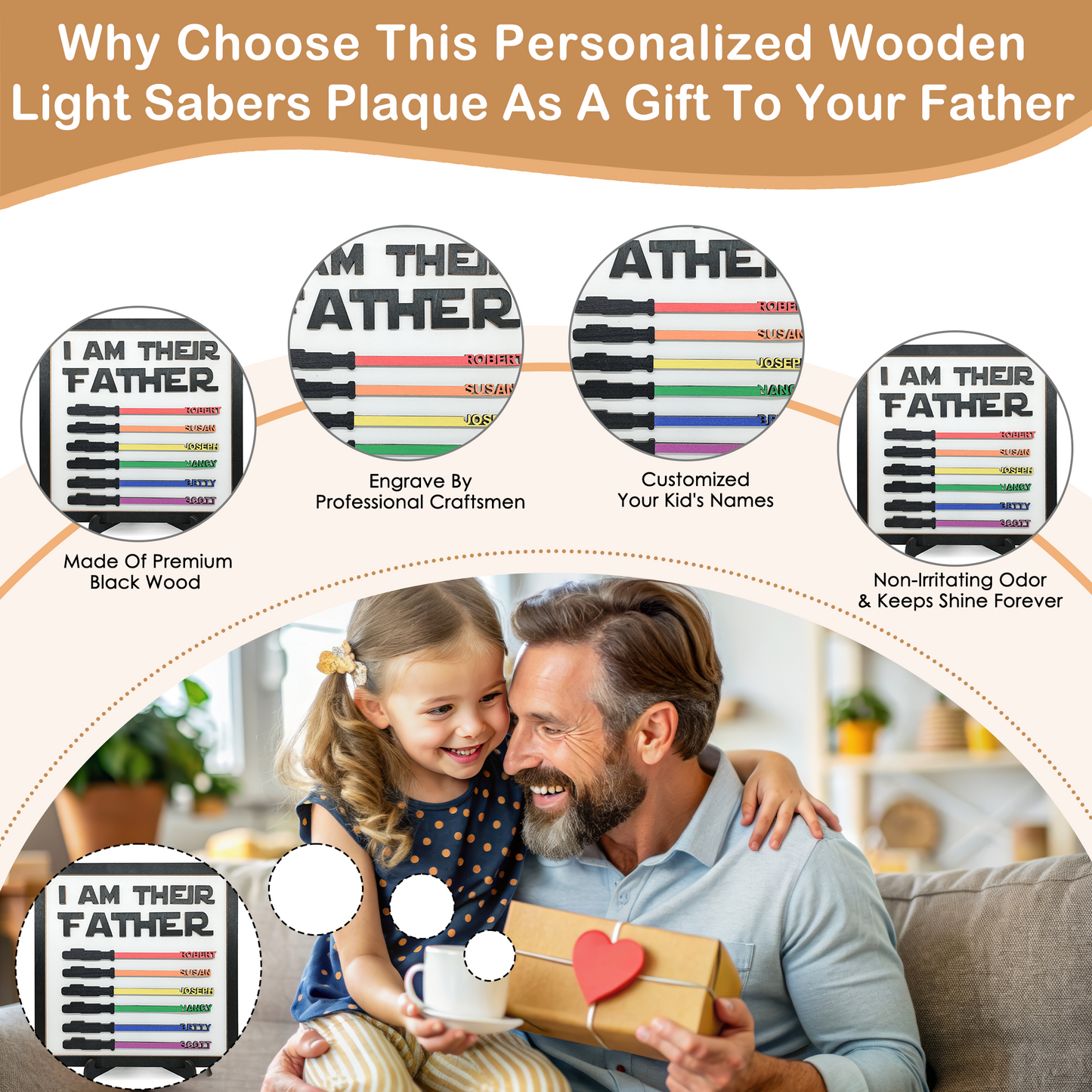 Personalized Custom Wooden Light Sabers Plaque Gifts with Your Kid's Names, Father's Day Birthday Christmas Gifts for Dad Grandpa from Son Daughter Grandkids Wife - Personalized Father's Day Gifts