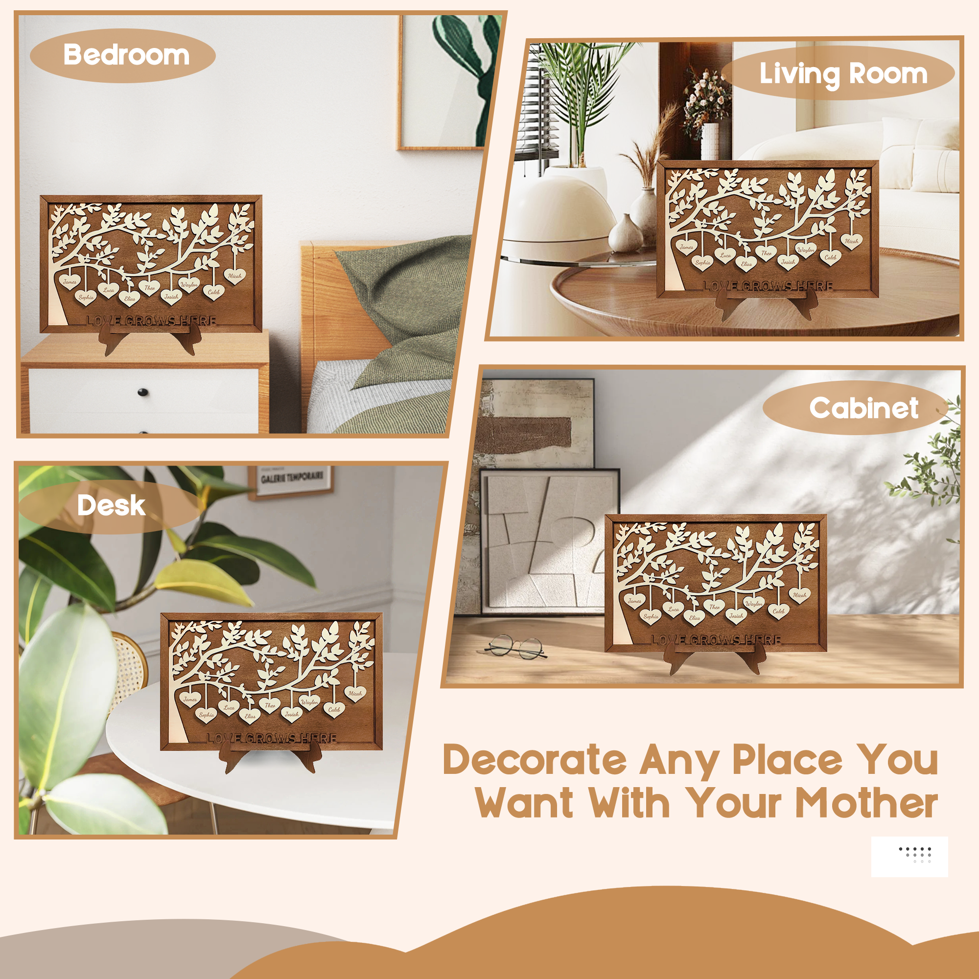 Custom Wooden Family Tree Plaque with Your Kid's Names – Personalized Mother’s Day, Christmas, Birthday, Housewarming Gifts for Mom, Grandma from Son, Daughter, Grandson, Granddaughter