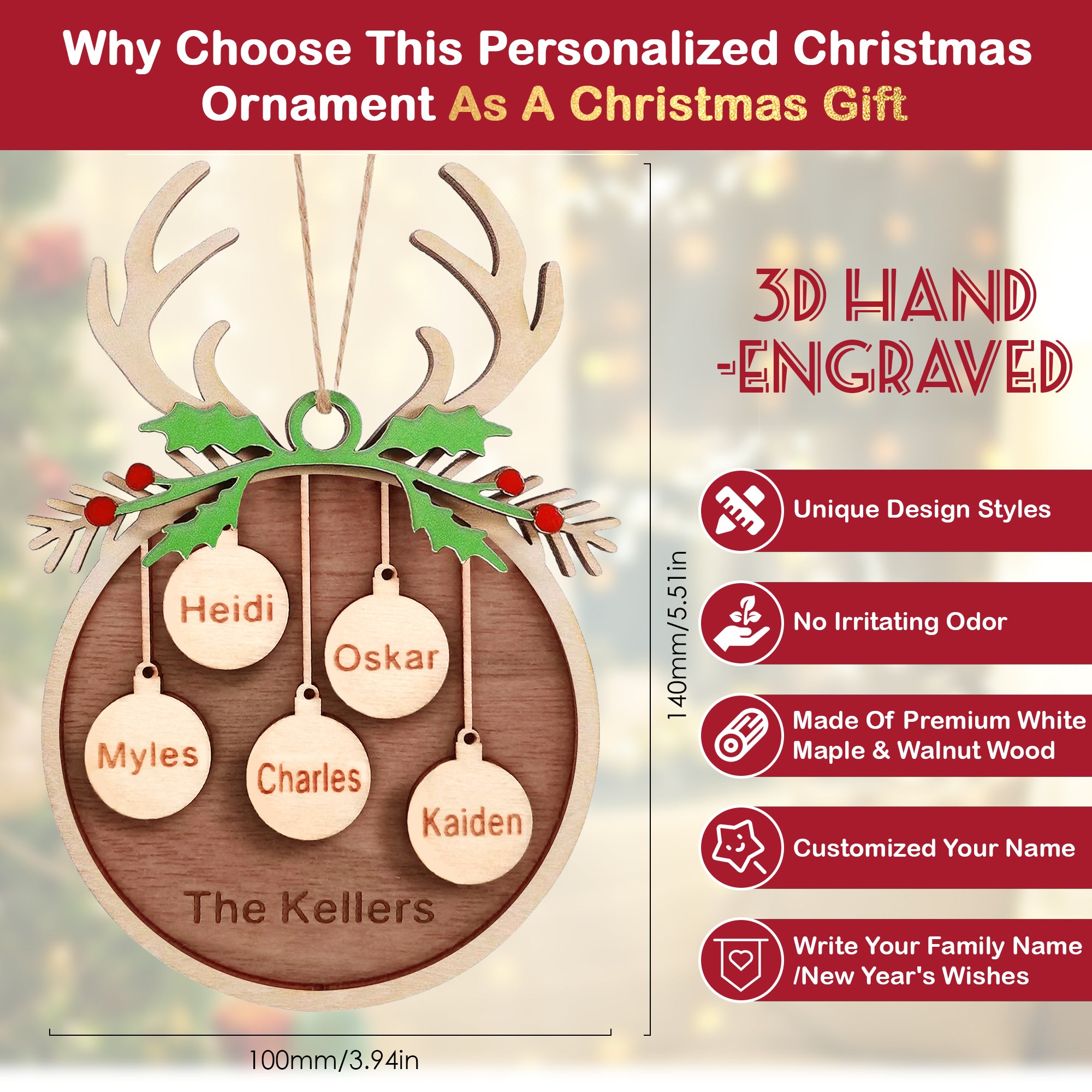 Custom Wooden Christmas Ornament Gifts, Personalized Christmas Ornament Gifts, Wood Engraved Christmas Decoration Gift