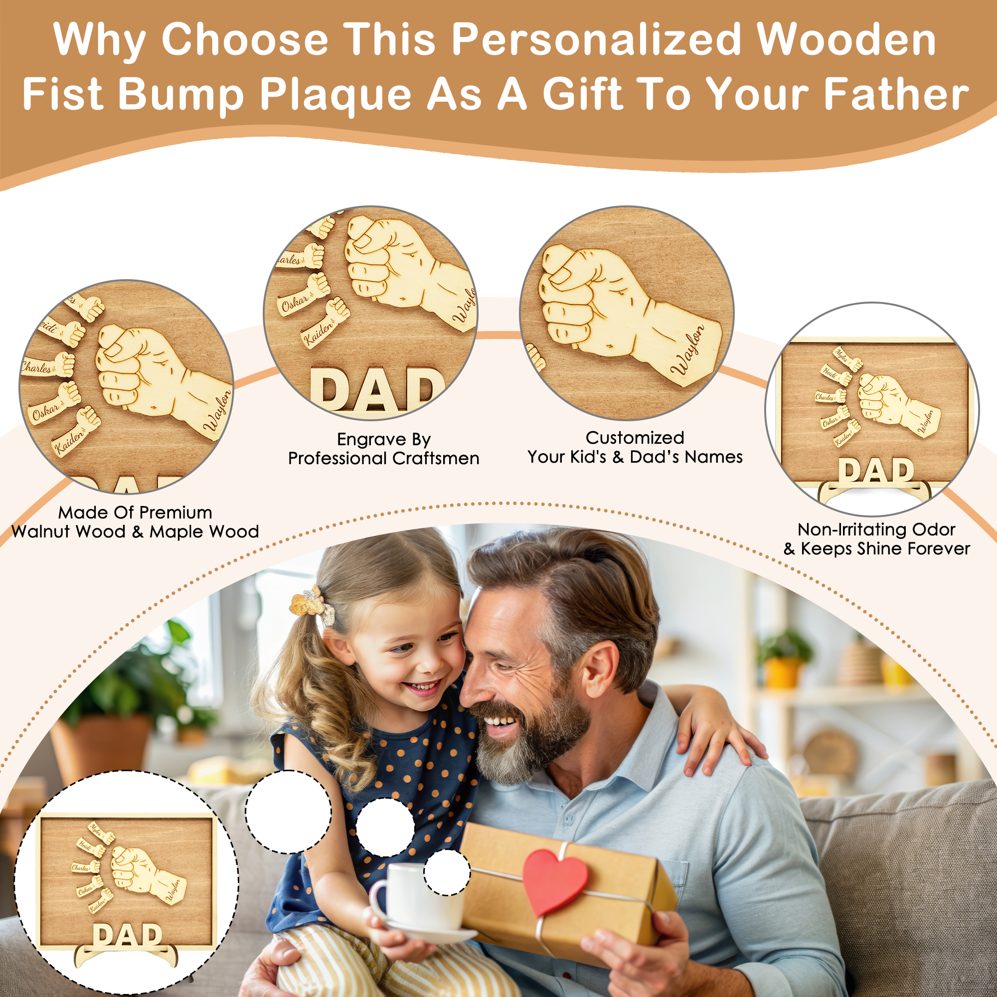Personalized Wooden Fists Bump Plaque Gifts with Your Kid's Names, Custom Father's Day, Christmas, Birthday Gifts for Dad Grandpa from Son Daughter Grandkids Wife