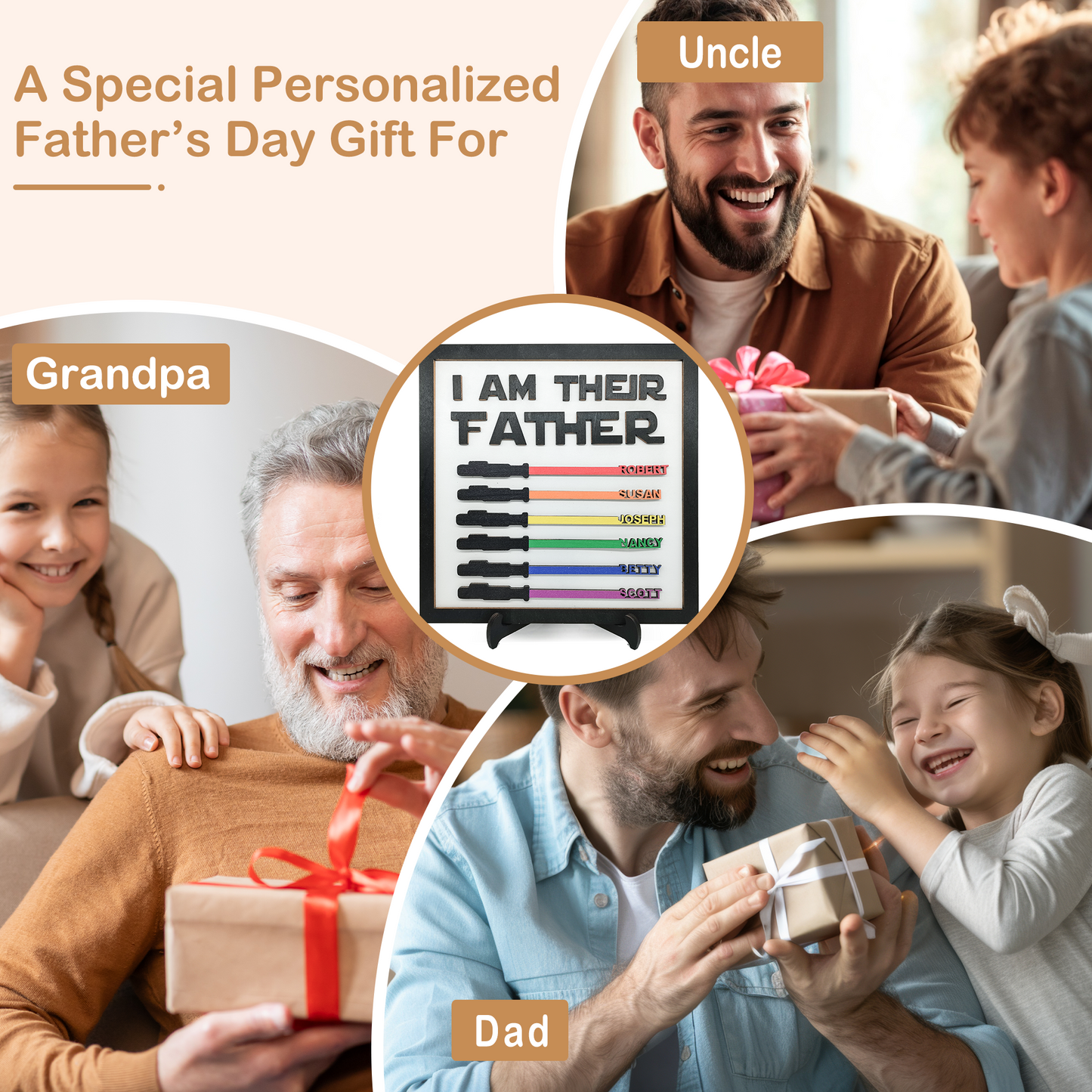 Personalized Custom Wooden Light Sabers Plaque Gifts with Your Kid's Names, Father's Day Birthday Christmas Gifts for Dad Grandpa from Son Daughter Grandkids Wife - Personalized Father's Day Gifts