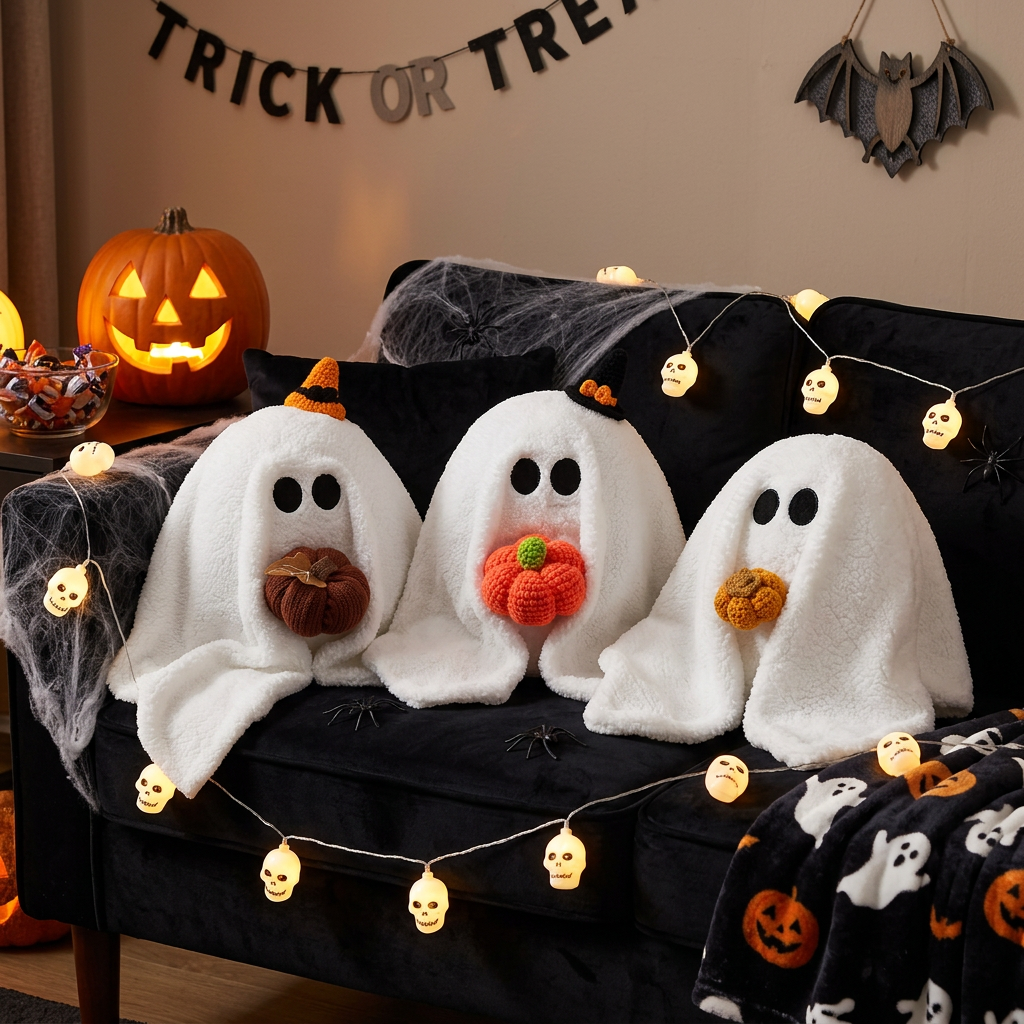 Gus The Ghost Personalized Pumpkin Pillow, Custom Knit Plush Ghost Pillow, Halloween Decorations