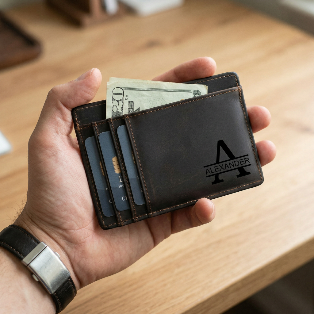 Personalized Men's Card Holder Wallet, Custom Name & Initial Engraved Slim Card Case, Minimalist Leather Card Wallet, Gift for Him, Father, Husband