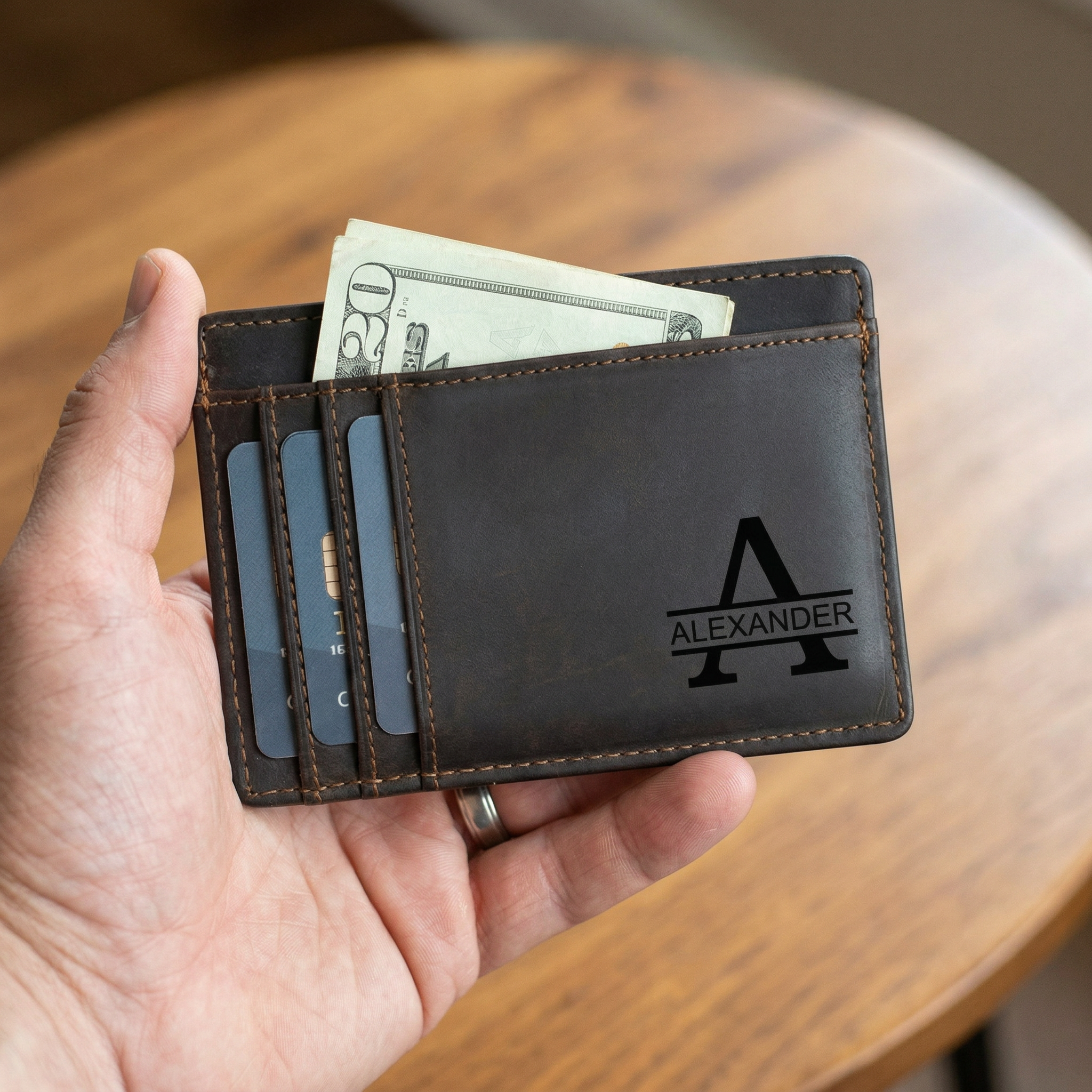 Personalized Men's Card Holder Wallet, Custom Name & Initial Engraved Slim Card Case, Minimalist Leather Card Wallet, Gift for Him, Father, Husband