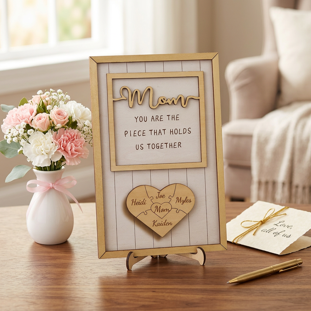 Personalized Wooden Heart Puzzle Plaque with Your Kid's Names, Custom Mother's Day, Father's Day, Christmas, Birthday Gifts