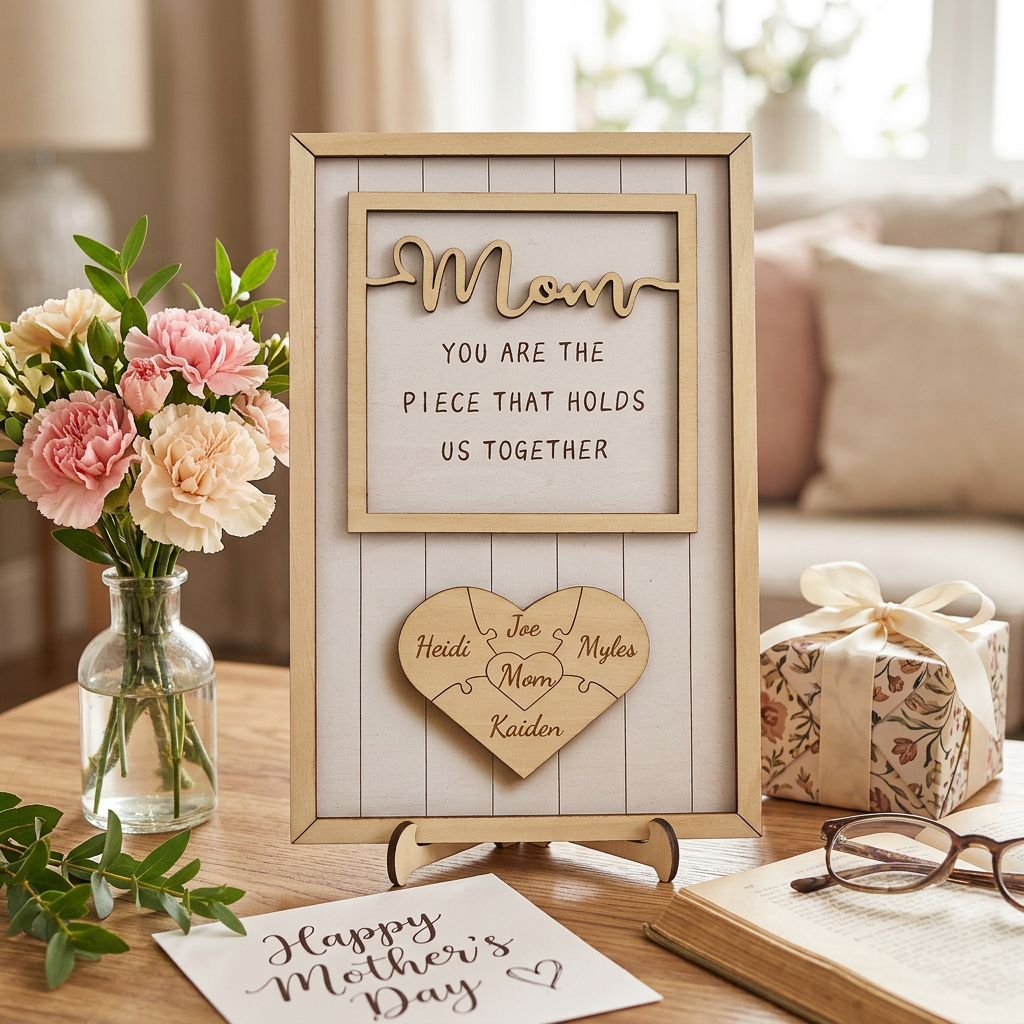 Plaque Puzzle en Bois Personnalisée, Cadeaux Personnalisés pour la Fête des Mères, la Fête des Pères, Noël, Anniversaires