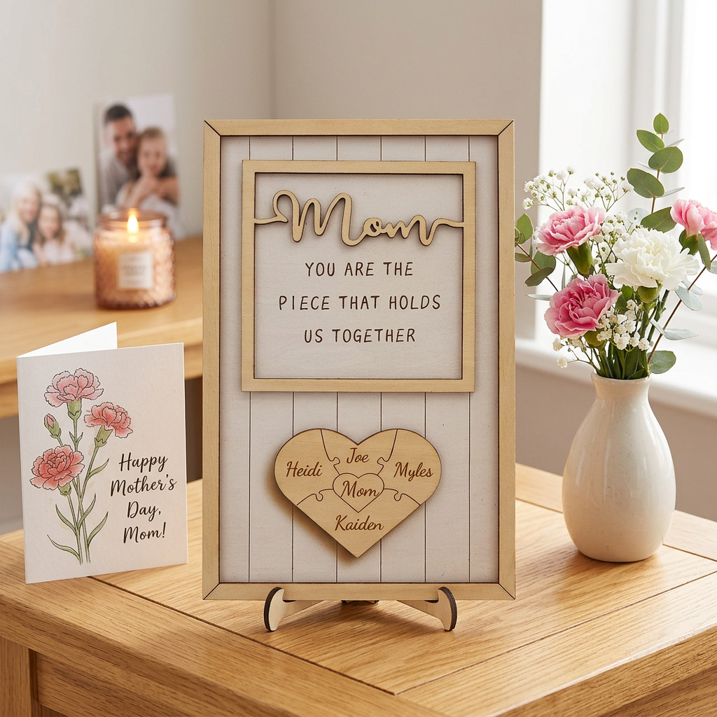 Personalized Wooden Heart Puzzle Plaque with Your Kid's Names, Custom Mother's Day, Father's Day, Christmas, Birthday Gifts