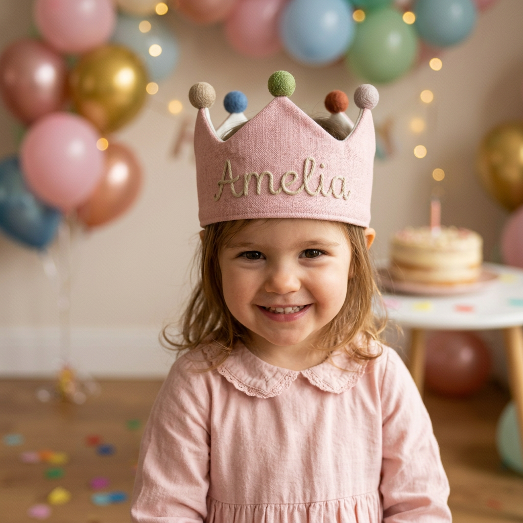 Custom Hand Embroidered Linen Birthday Crown, Personalized Baby Name Crown, First Birthday Crown for Boys Girls, Handmade Birthday Hat, Baby Shower Gifts