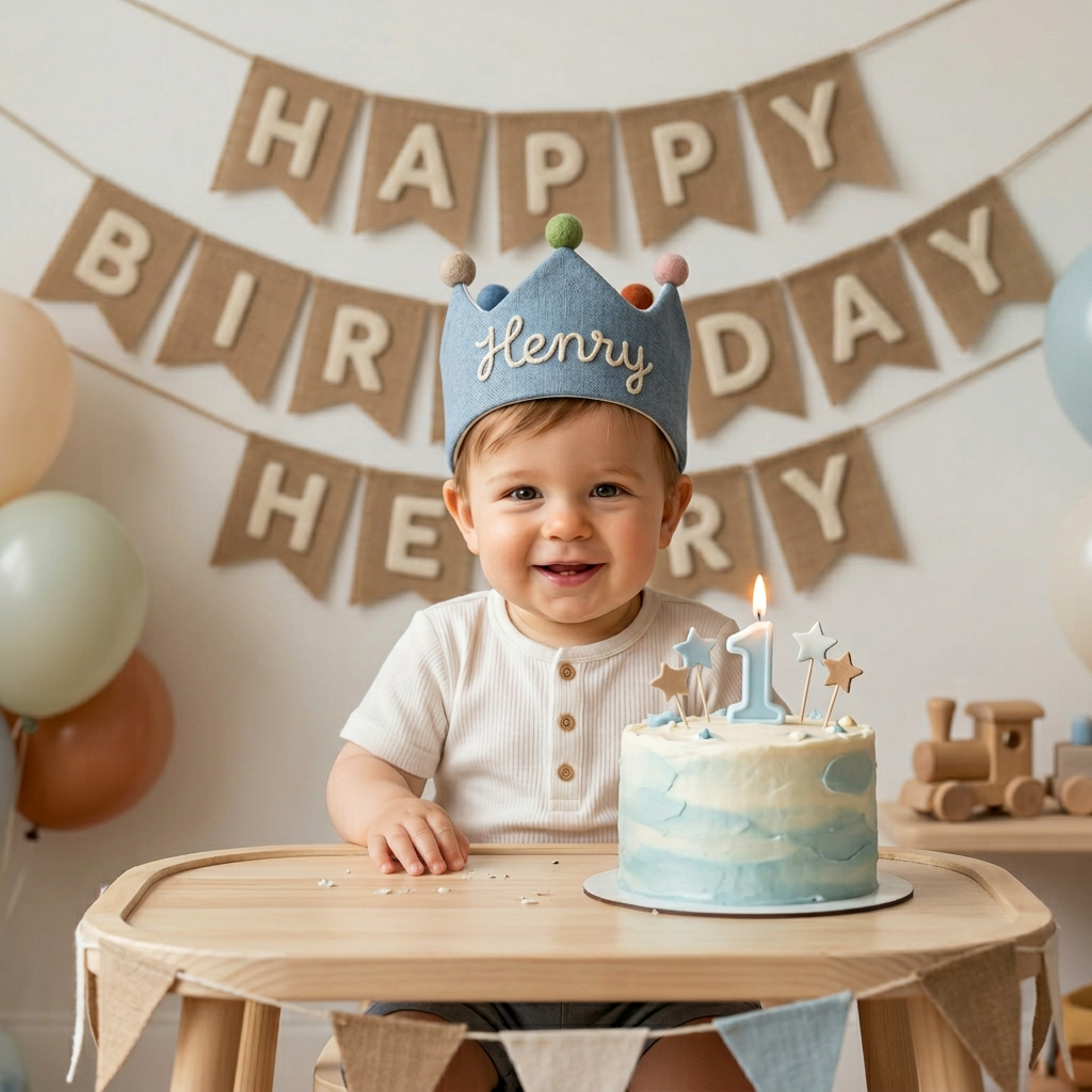 Custom Hand Embroidered Linen Birthday Crown, Personalized Baby Name Crown, First Birthday Crown for Boys Girls, Handmade Birthday Hat, Baby Shower Gifts