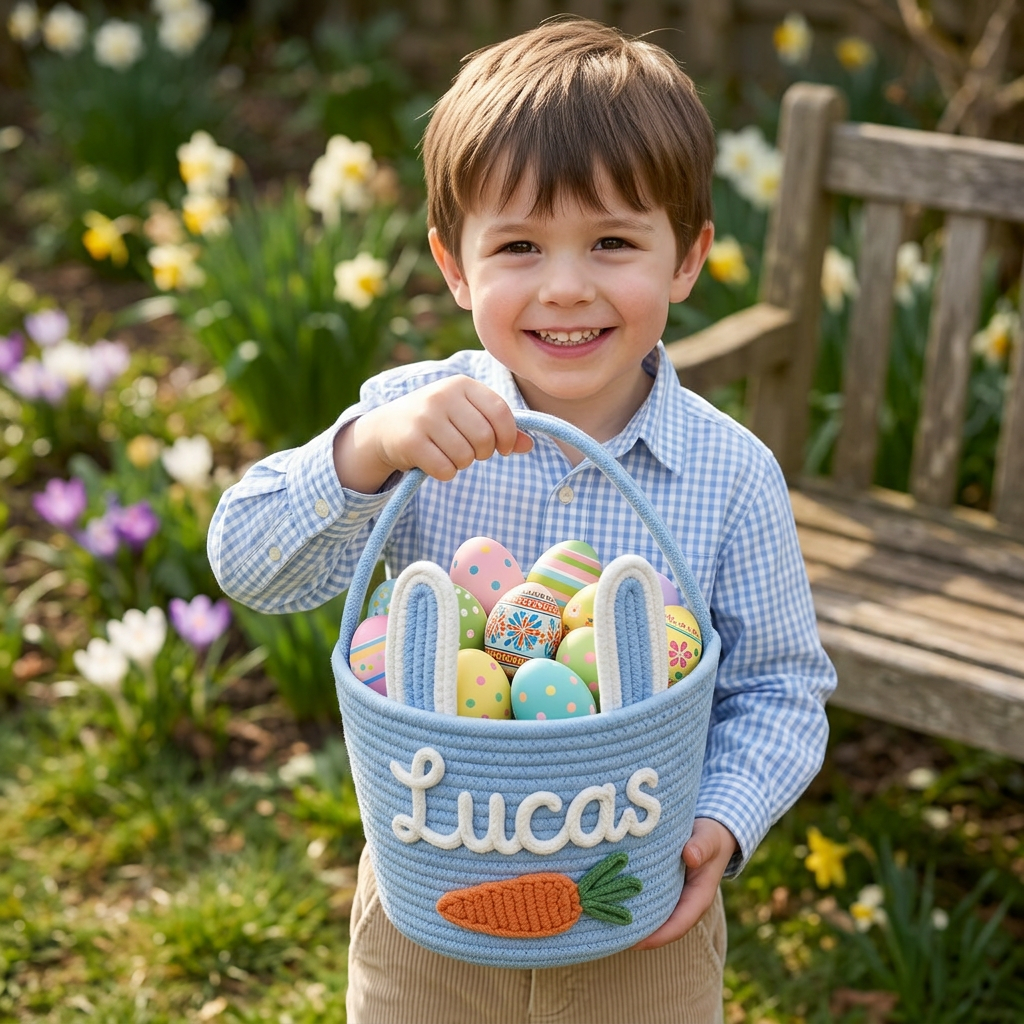 Custom Easter Knit Basket with Name, Personalized Easter Egg Hunt Basket, Easter Bunny Basket Gift, Baby Easter Gift, Kids Easter Basket