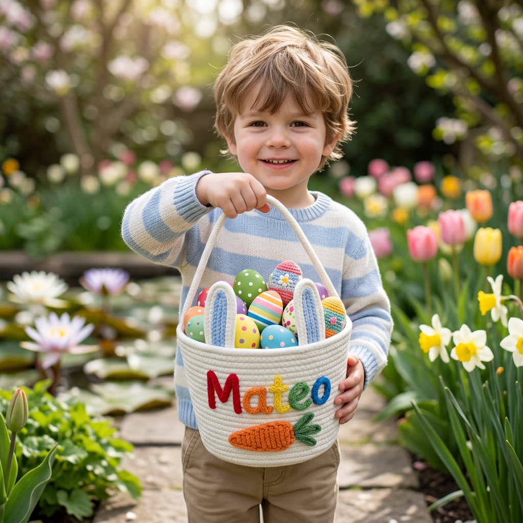 Custom Easter Knit Basket with Kid‘s Name, Personalized Easter Egg Hunt Basket, Easter Bunny Basket Gift, Baby First Easter Gift