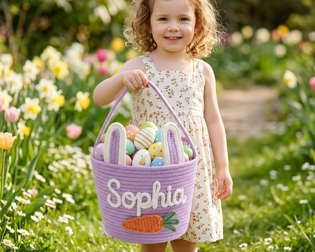 Custom Knit Easter Basket with Kid's Name, Personalized Easter Egg Hunt Basket, Easter Bunny Basket, Baby First Easter Gift