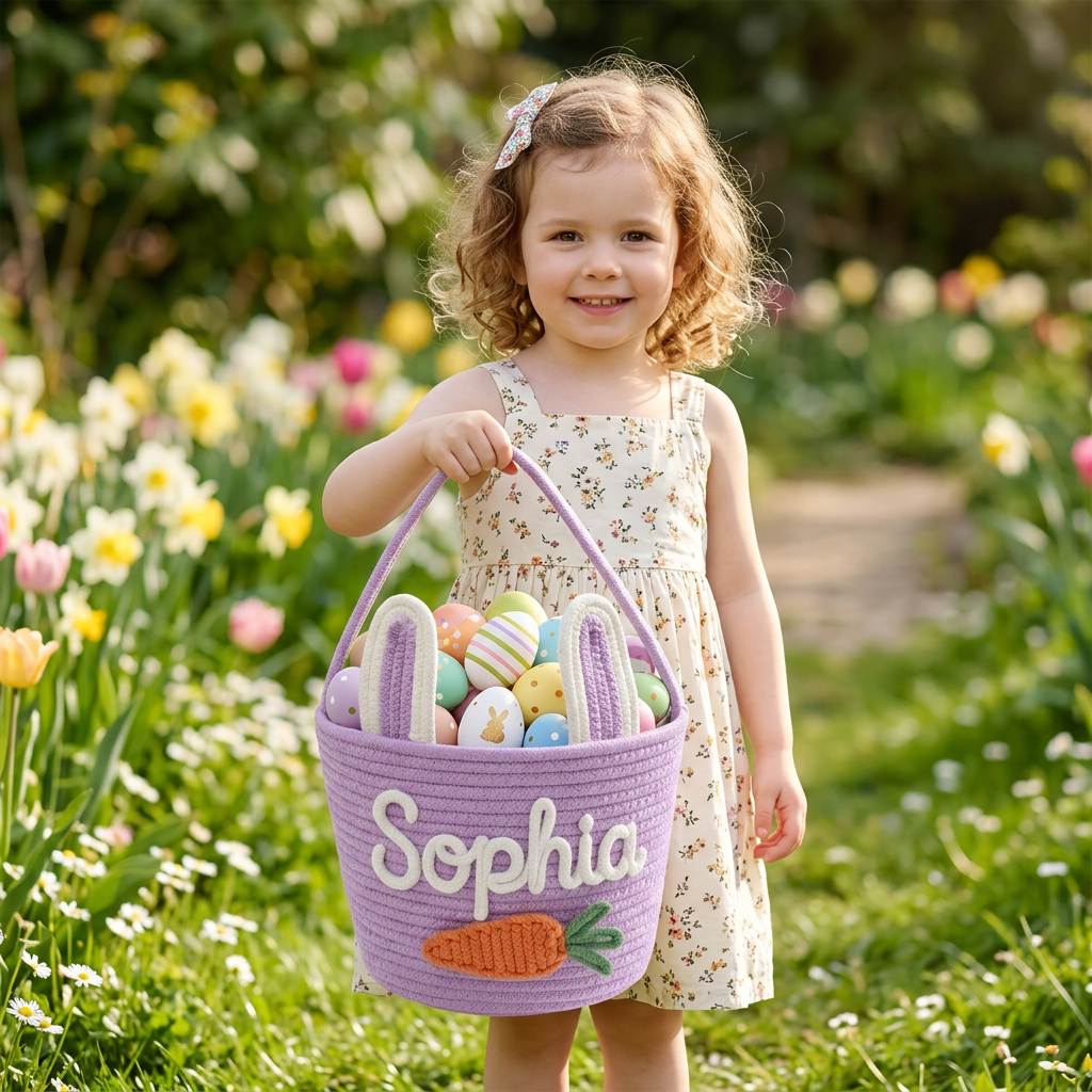 Custom Easter Knit Basket with Kid‘s Name, Personalized Easter Egg Hunt Basket, Easter Bunny Basket Gift, Baby First Easter Gift