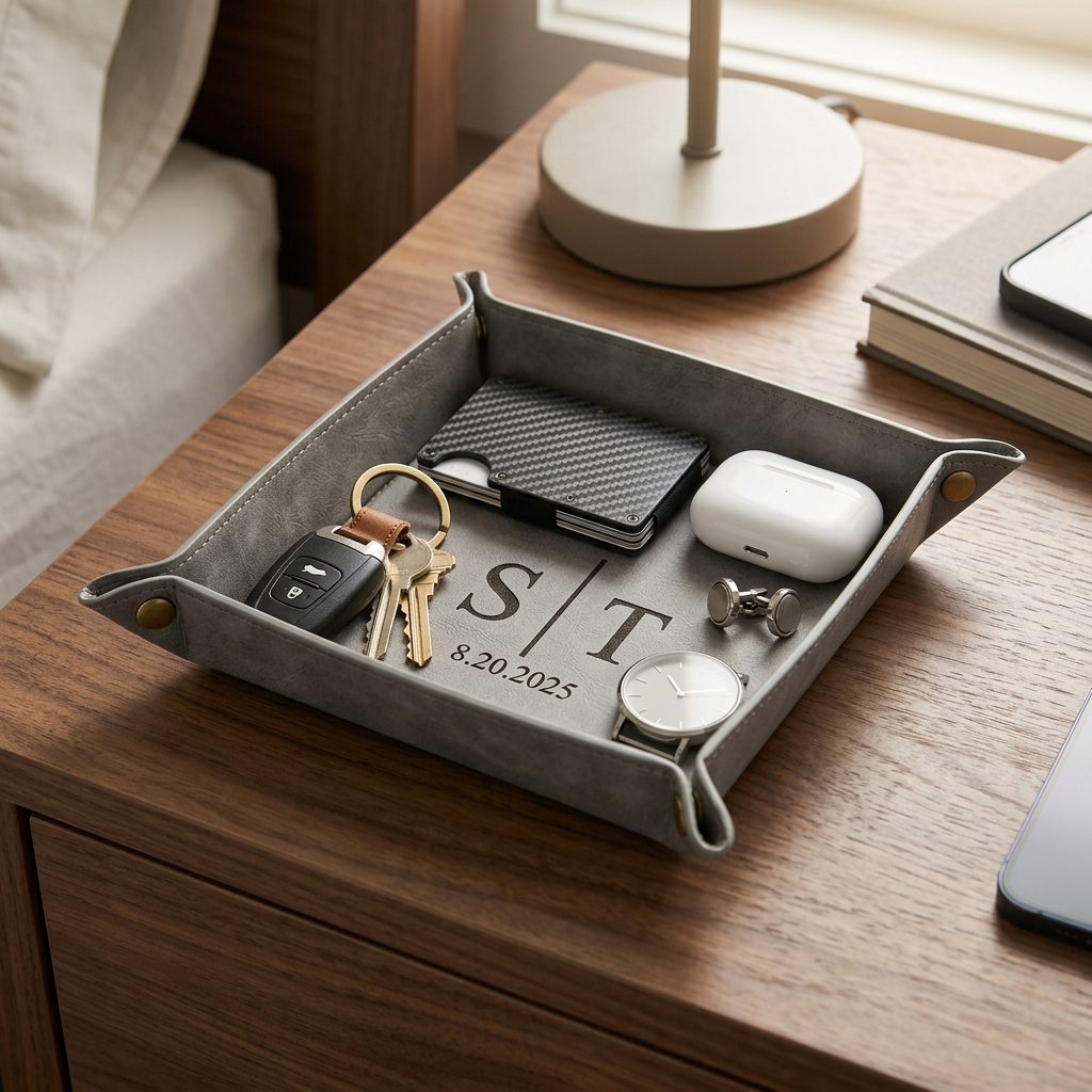 Custom Engraved Leather Valet Tray, Watch, Wallet, Key, Nightstand & Desk Organizer, Personalized Birthday, Father’s Day, Christmas Gifts
