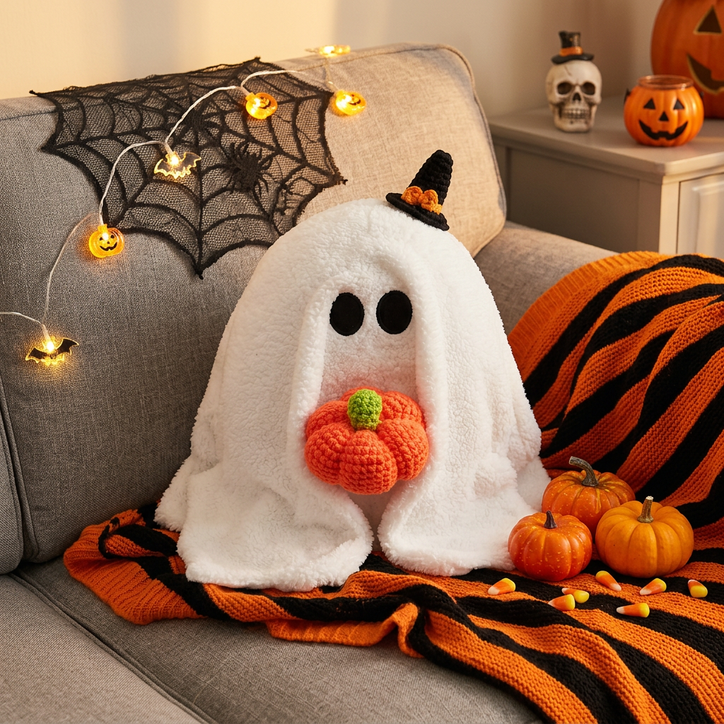 Gus The Ghost Personalized Pumpkin Pillow, Custom Knit Plush Ghost Pillow, Halloween Decorations