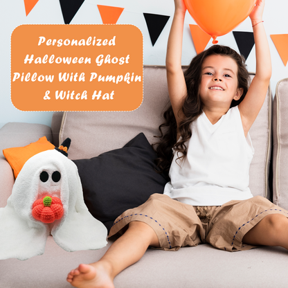 Personalisiertes Kürbiskissen „Gus der Geist“ für Halloween-Dekoration – Individuell gestricktes Plüsch-Geisterkissen für niedliche Halloween-Wohndekoration, Herbst-Sofa-Dekoration, familien- und kinderfreundliche Dekorationen