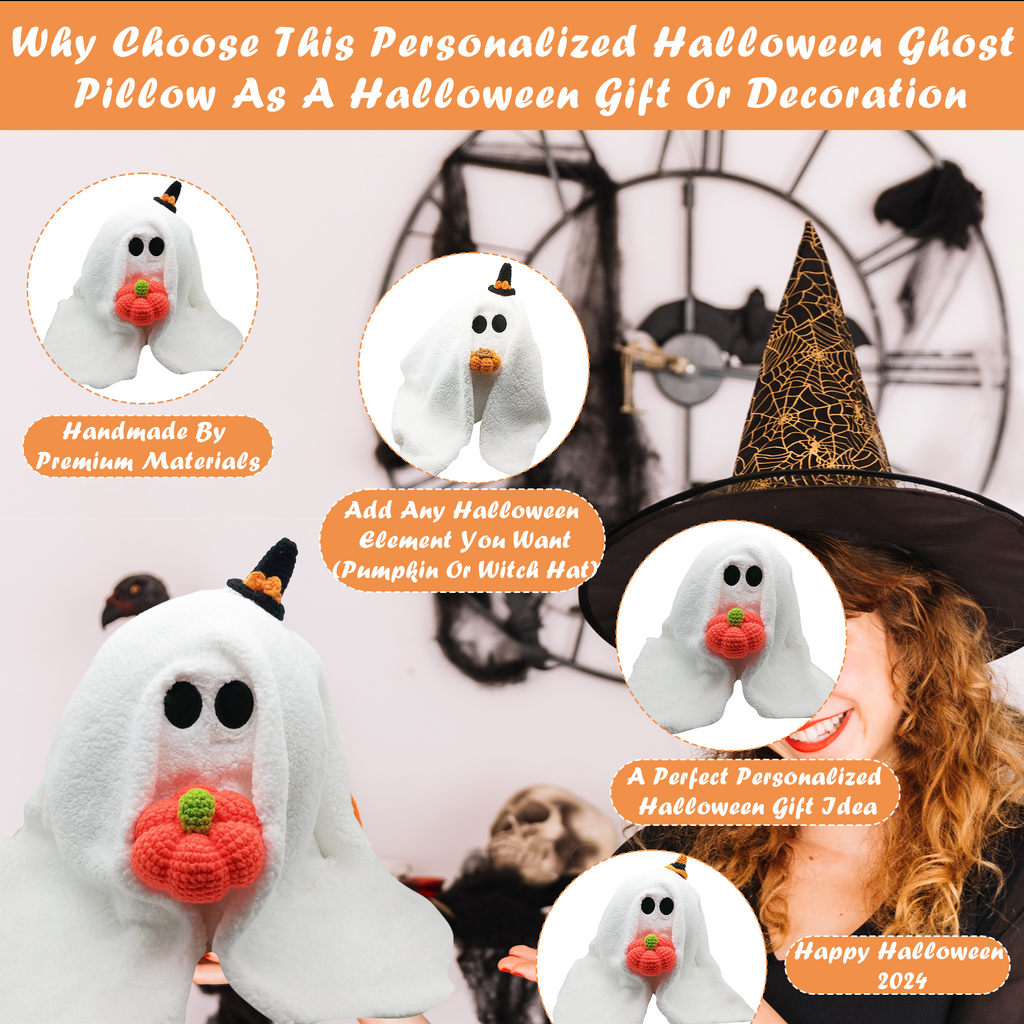Gus The Ghost Personalized Pumpkin Pillow, Custom Knit Plush Ghost Pillow, Halloween Decorations