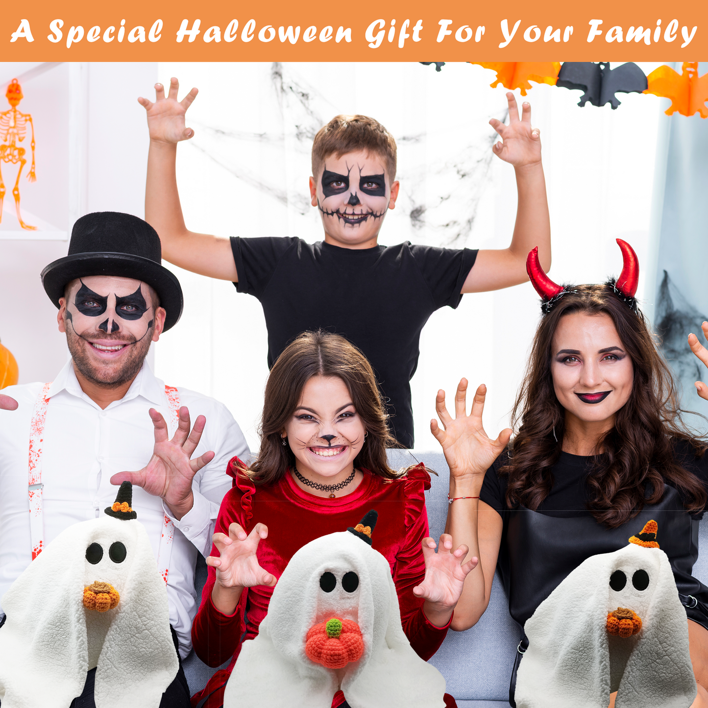 Personalized Custom Halloween Ghost Pillow with Pumpkin, Gus The Ghost Halloween Knit Plush Pumpkin Pillow for Halloween Decorations