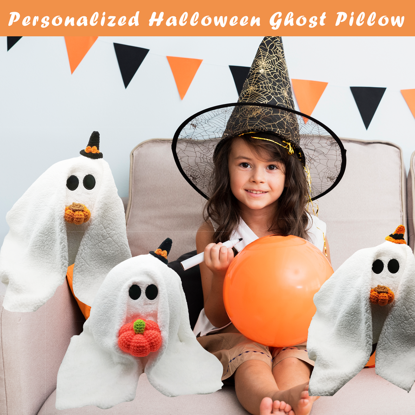 Personalized Custom Halloween Ghost Pillow with Pumpkin, Gus The Ghost Halloween Knit Plush Pumpkin Pillow for Halloween Decorations