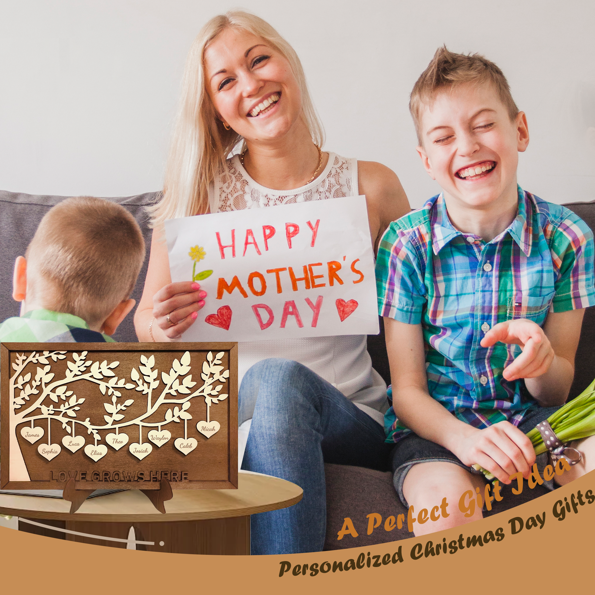 Custom Wooden Family Tree Plaque with Your Kid's Names – Personalized Mother’s Day, Christmas, Birthday, Housewarming Gifts for Mom, Grandma from Son, Daughter, Grandson, Granddaughter