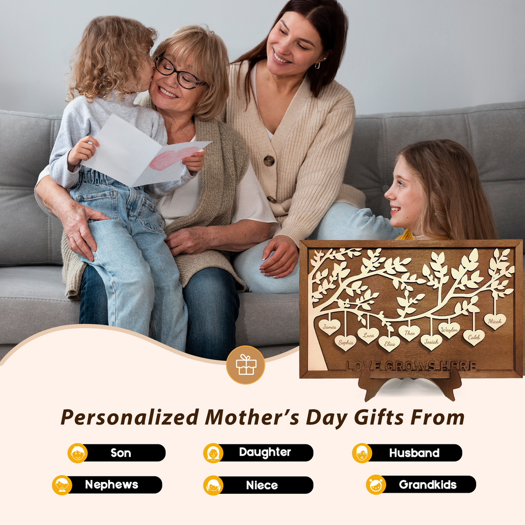 Custom Wooden Family Tree Plaque with Your Kid's Names – Personalized Mother’s Day, Christmas, Birthday, Housewarming Gifts for Mom, Grandma from Son, Daughter, Grandson, Granddaughter
