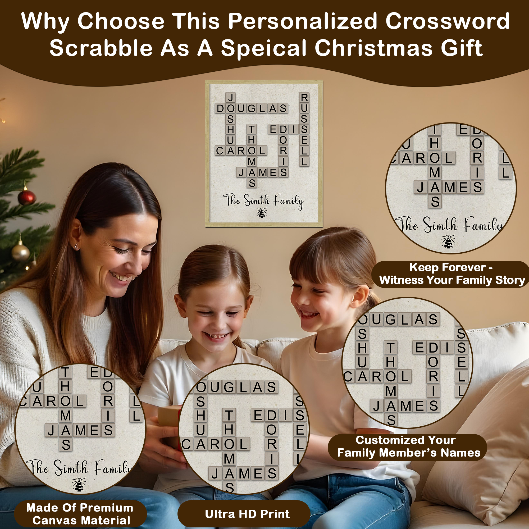 Impression personnalisée de mots croisés Scrabble de Noël, cadeaux de Noël personnalisés, cadeau de Noël avec nom de famille