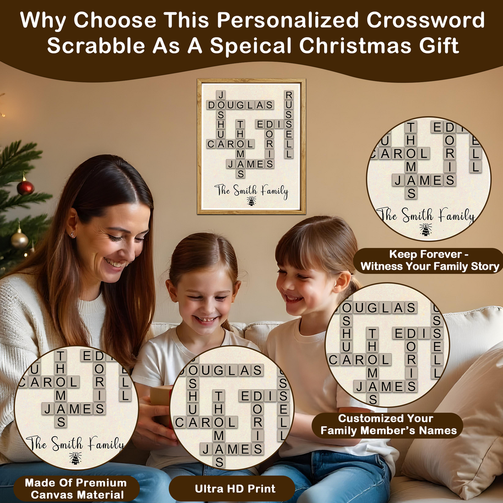 Individuell gestaltete Weihnachtskreuzworträtsel-Leinwand mit Familiennamen – Personalisierte Scrabble-Wandkunst für Familie, Eltern, Großeltern, Mama, Papa, Oma, Opa, junge Familie, Großfamilie