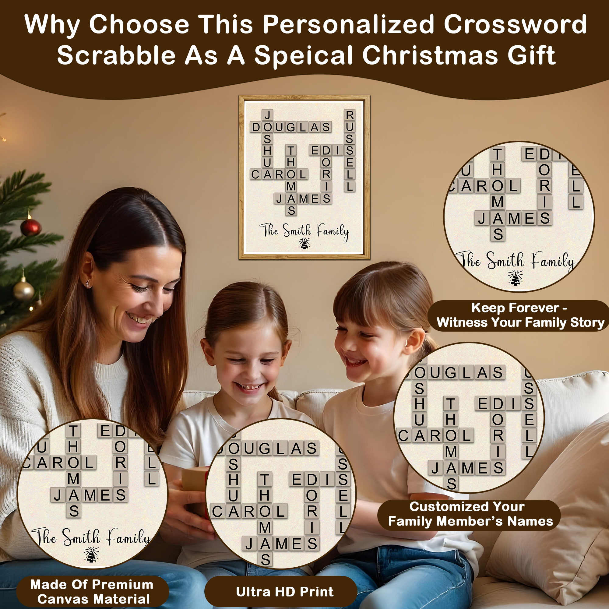 Individuell gestaltete Weihnachtskreuzworträtsel-Leinwand mit Familiennamen – Personalisierte Scrabble-Wandkunst für Familie, Eltern, Großeltern, Mama, Papa, Oma, Opa, junge Familie, Großfamilie